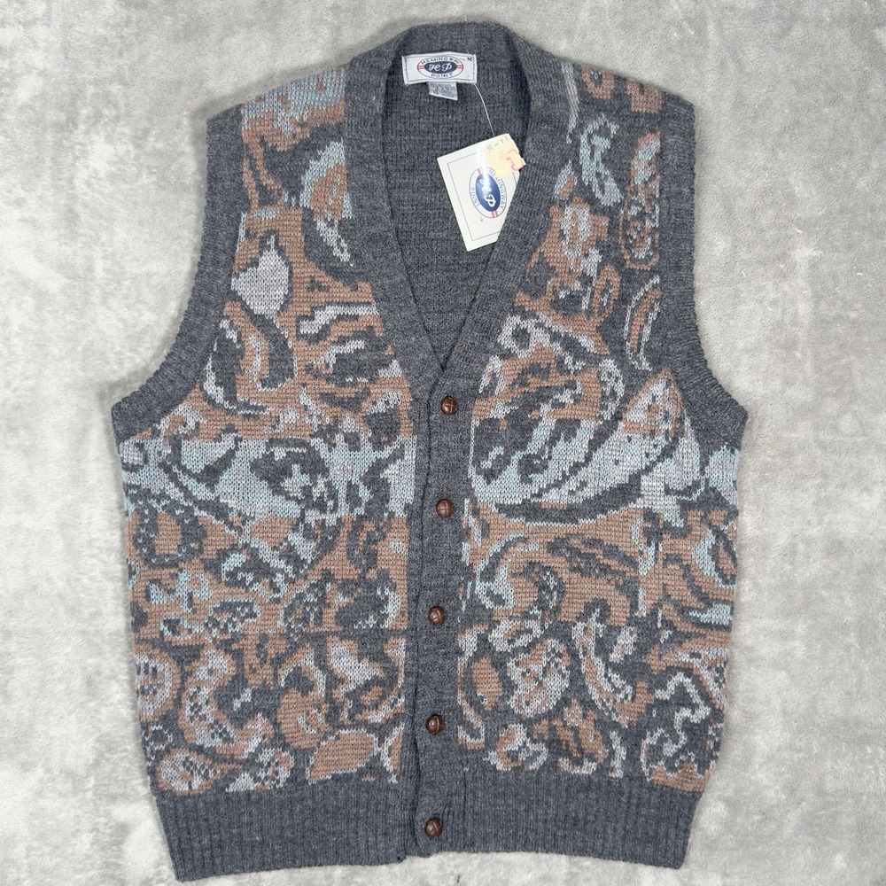 Vintage Hemingway Point Sweater Vest Men L Blue Brown Paisley Grandpa Preppy 90s